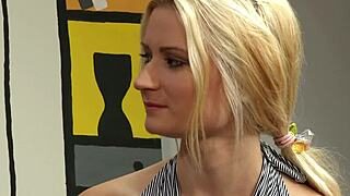 A blonde women bends over to have her huge black Melons crushed by a macho man