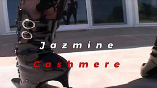 How does Jazmine Cashmere handle two cocks in wild interracial action?