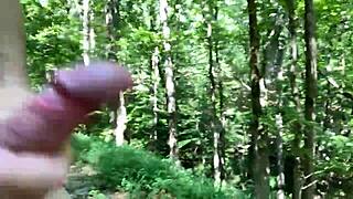 guy masturbates outdoors, shoots two cumshots in a row