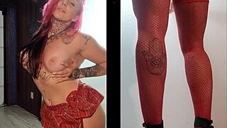 Brazilian fitness milf shows off her sexy curves, bent over for close-up with friend.