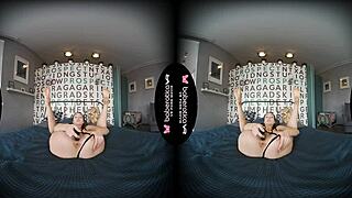 Solo Brunette Macy Ssen Gently Masturbates Her Trimmed Pussy in VR Reality.