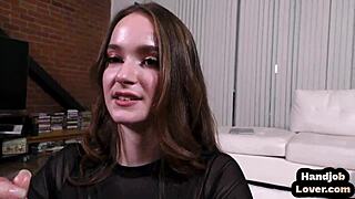 A dirty talking babe gives a handjob after rubbing pussy