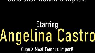 Curvy lesbian babes Mone Divine and Angelina Castro banging with wild strapon action