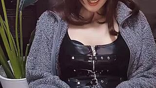 cute cat-eared japanese ladyboy jerks off dick