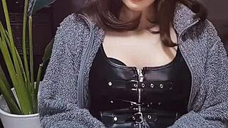 cute cat-eared japanese ladyboy jerks off dick