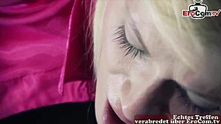 Sexual misconduct of a naked blond German office secretary in pink amongst office desks