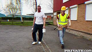 Wow, two hard cocks drench Christina May's big breasts!