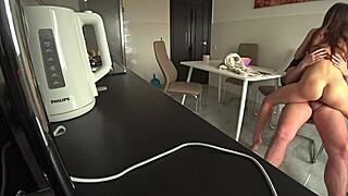 Wife cheats with neighbor in kitchen during workday