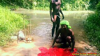 Outdoor orgasm scene with african native doctor and ebony amateur in the local river