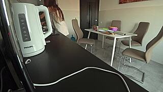 Wife cheats with neighbor in kitchen during workday