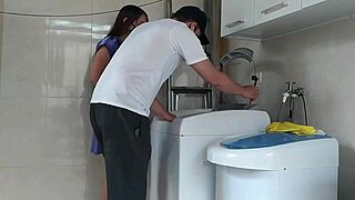 I am the married woman teasing the technician fixing the washing machine. I opened my robe, showing my long hair, tits, and tan lines.