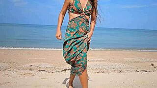 Long Dress Flashing Without Panties on Public Beach