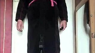 Amateur uses dildo machine for intense anal insertion at home.