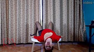 Stunning Lady in Pantyhose and Heels Performs Seductive Striptease on Round Table in Dorm Party