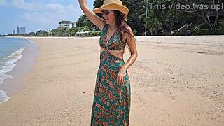 Long Dress Flashing Without Panties on Public Beach