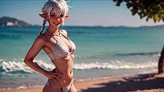 AI Generated Alisaie from Final Fantasy XIV Flashes Tits in Public 3D Hentai Beach Scene