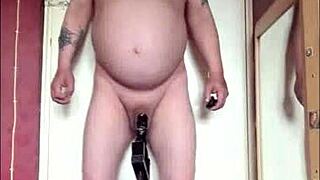 Amateur uses dildo machine for intense anal insertion at home.