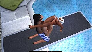 Scene at public pool jumping board.