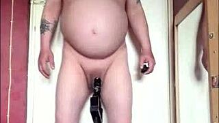 Amateur uses dildo machine for intense anal insertion at home.