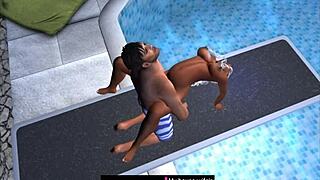 Scene at public pool jumping board.