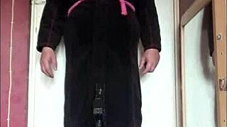 Amateur uses dildo machine for intense anal insertion at home.