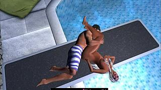 Scene at public pool jumping board.