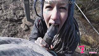 Punk goth couple caught in public ruin blowjob