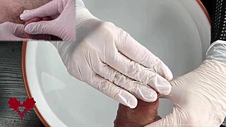 医療患者POVが白いラテックス手袋で亀頭ハンドジョブ