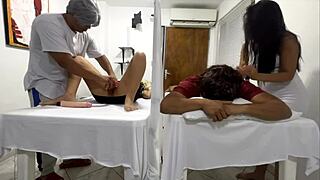 My Wife Fucked Next to Me in Massage Salon, Hearing Her Moans!