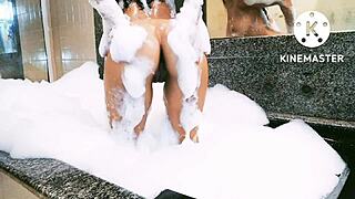 taking a relaxing bath in the bathtub with warm water and bubbles