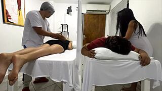 My Wife Fucked Next to Me in Massage Salon, Hearing Her Moans!