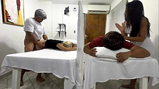 My Wife Fucked Next to Me in Massage Salon, Hearing Her Moans!