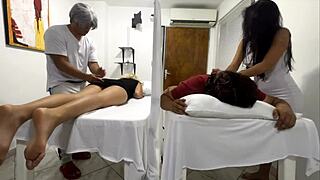 My Wife Fucked Next to Me in Massage Salon, Hearing Her Moans!
