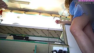 Sexy Blonde Step Sister Caught on Voyeur Cam Flashing Upskirt at Work Again