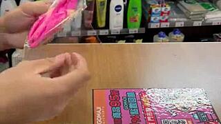 asian ladyboy shows her new thong in convenience store, feeling so sexy and confident
