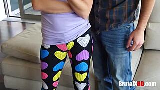 Latina bends over for stepbrother's cock and swallows cum.