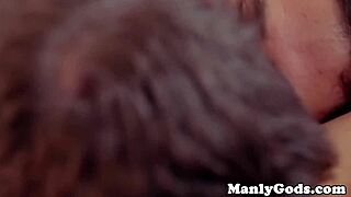 Hunky gay couple rims ass close-up at home