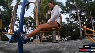 amateur thai teen girlfriend licks balls after workout blowjob pov