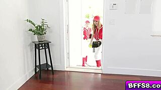 Gals take turns sucking their coach's huge prick and slobber all over it, the brunette says to the blonde.