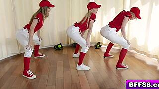 Gals take turns sucking their coach's huge prick and slobber all over it, the brunette says to the blonde.