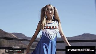 Hot blonde Latina cheerleader babe gets wild with pigtail-pulling face action