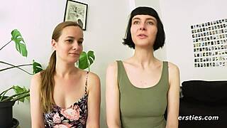 First time lesbian experience: hot girls kiss and explore each other in the dressing room