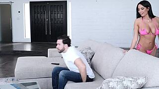 A mature and sensual woman who is staying in her friend’s house gives a blowjob to a young man with a large penis.