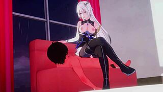 Who dominates in this squirting cowgirl anime hentai scene?