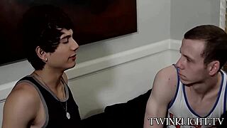 Young and straight twinks Giovanni Lovell and Carson Evans in hot scene.