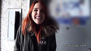 A redhead Spanish student engages in public banging with a group of amateurs, showcasing hardcore blowjob and monster cock action.