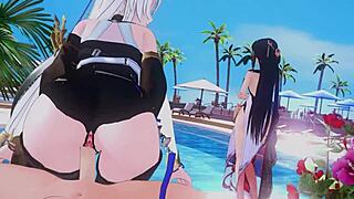 Who dominates in this squirting cowgirl anime hentai scene?