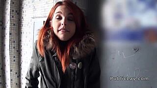 A redhead Spanish student engages in public banging with a group of amateurs, showcasing hardcore blowjob and monster cock action.