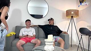 Ambar prada sucks two cocks to cum in mouth