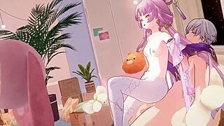 Who dominates in this squirting cowgirl anime hentai scene?